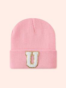 1pc Pink Children's Hat With 26 Letters, Knitted Beanie For Baby Boys And Girls, Warm For Outdoor And Daily Wear - Gold Label-pink Fluorescent Cap - View 56