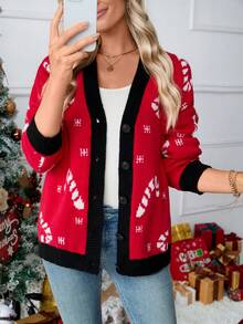 Maglione elegante e casual da donna per l'autunno e l'inverno, cardigan lavorato a maglia con blocchi di colore, pullover rosso, top a maniche lunghe adatto per uscire, abbigliamento natalizio