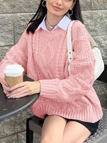 FOR BEAUTY 秋冬新款圆领扭花长袖针织衫，女士宽松简约通勤风套头衫，粉色，长袖休闲宽松保暖上衣，新年和情人节 - 粉色 - 查看 4