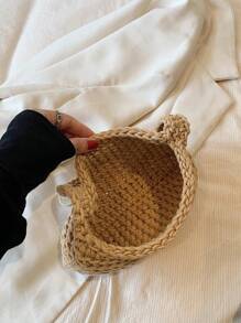 Women's Khaki Foldable Shoulder Tote Bag, Crochet Knit Handbag, Fashionable & Casual Vacation Purse - Khaki - View 6