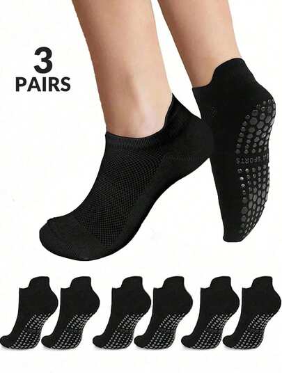 3 双女士黑色透气网眼、提耳、吸湿排汗速干针织面料袜子，鞋底防滑，Ins 风格，适合瑜伽、舞蹈、普拉提、室内健身、节日礼物。