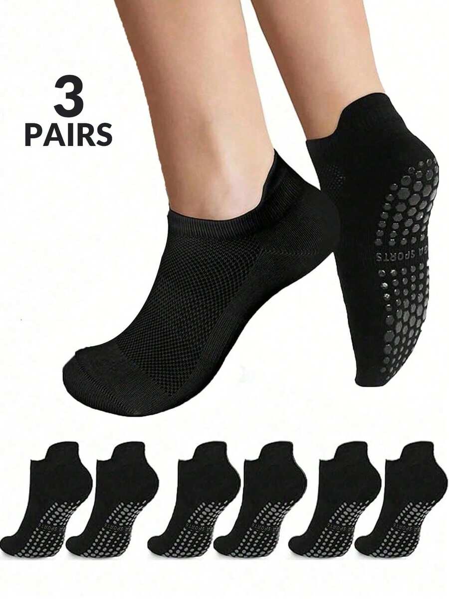 3 双女士黑色透气网眼、提耳、吸湿排汗速干针织面料袜子，鞋底防滑，Ins 风格，适合瑜伽、舞蹈、普拉提、室内健身、节日礼物。
