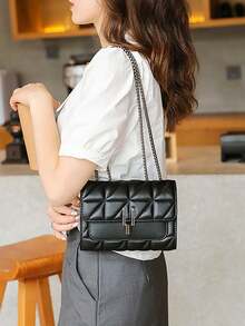 Elegant Quilted Chain Bag Versatile Diamond Square Bag - Black - View 7