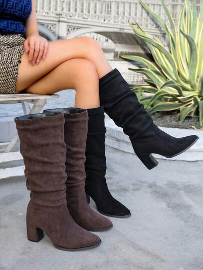 Autumn/Winter New High Heel Women Shoes, Fashion High Heel Knee-High Slip-On Boots, Versatile Black, Brown Ladies High Boots, Casual Camel Pleated Slouch Boots, Comfortable & Versatile To Pair With Dresses And Pants, Multi-Occasion Riding Boots