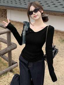 不对称蝴蝶结露肩针织毛衣，女式修身长袖上衣 - 黑色 - 查看 3