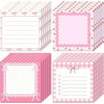 1/4/8/12 Sizes Sticky Notes, 30/120/240 Sheets, Butterfly Shaped Sticky Notes - 3" X 3" Cute Pink Heart & Bow Design With Ribbon Bookmark, Suitable For School, Office, Diary, Party Gifts, 30 Sheets Per Pad, High Quality Paper, Office Supplies