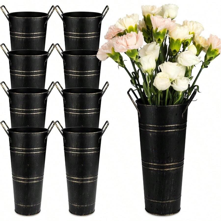 8 Pcs Galvanized Bucket Flower Bar 9 Inch Flower Bucket And Metal Vase With Handles Flower Bar Supplies And Buckets Farmhouse Vases For Wedding And Cut Flower Black 8 Pcs 9inch - 黑色 - 查看 1