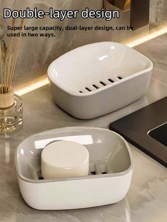 1pc Double Layer Soap Dish, Home Bathroom Draining Soap Holder, Double Deck Large Soap Tray, Washroom Soap Case, Two Layers Can Be Used Separately, Double Layer Utilization, Space Saving