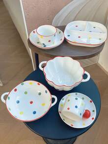 1 Set Dopamine Polka Dot Dinnerware Set, Colorful Glazed Ceramic Mugs, Household Plates And Coffee Cups, Creative Christmas/Birthday Gift