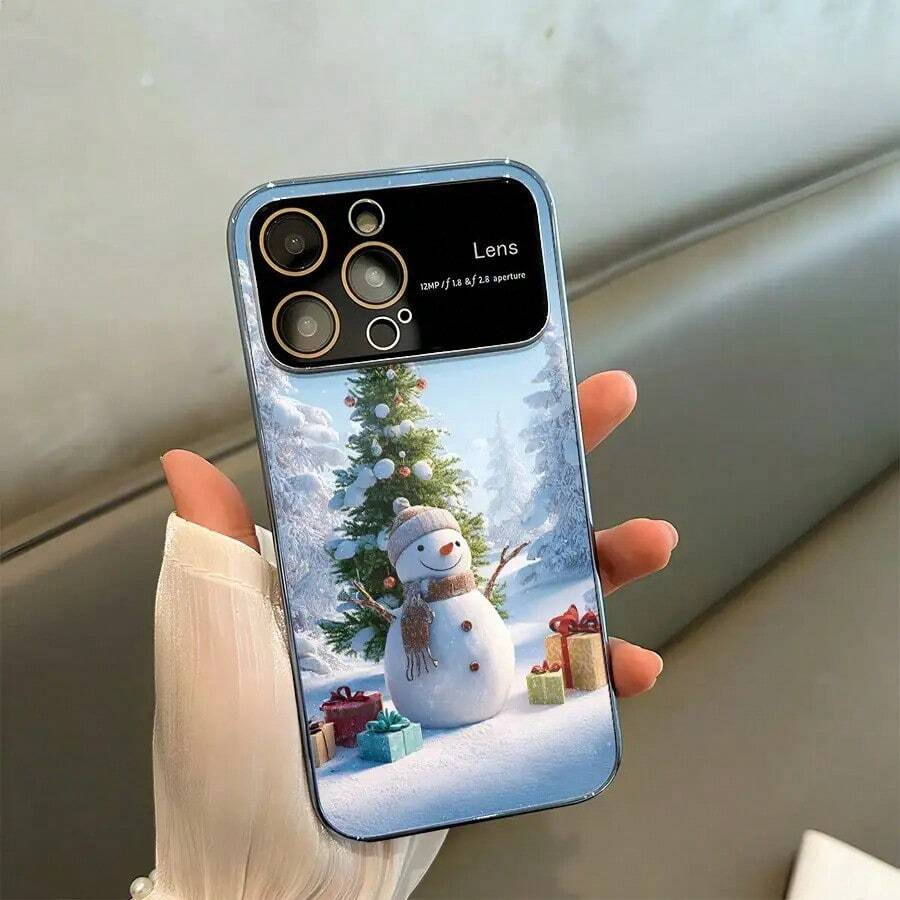Funda protectora para teléfono con diseño de muñeco de nieve electrochapado | AG Mate con ventana grande 2 en 1, compatible con las series 12/13/14/15/16 (incluidos Pro, Pro, Plus y otros modelos), funda antigolpes, resistente a caídas, mate, elegante, de alta calidad, con tecnología electrochapada, protectora, delgada, para usuarios y compradores navideños. - Plateado - Ver 1