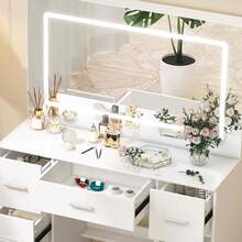 [Halloween Decorations]Makeup Vanity Set Large LED Lighted Mirror Dressing Table Dresser Desk W/ Drawer-Touch Control Mirror, Ideal For Organizing Makeup, Skincare. Compact Vanity Furniture Fits Bedroom, Serves As Decor, Gift, Perfect Gift For Women - White - View 11