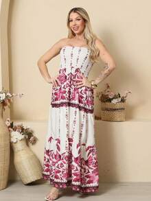 Look Of Millions!!! Long Strapless Dress With Floral Print - Tropical Pink - View 4