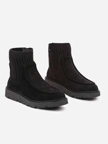 Low Wedge Ankle Boots In Faux Suede With Sock Uppers - Black - View 5