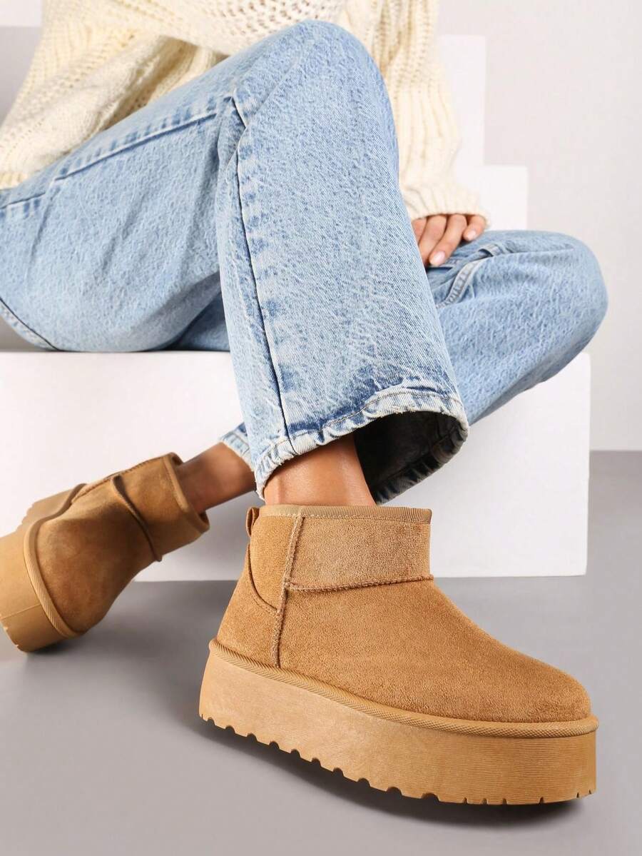 Winter Casual Versatile Simple Warm Snow Boots On Platform - Brown - View 1