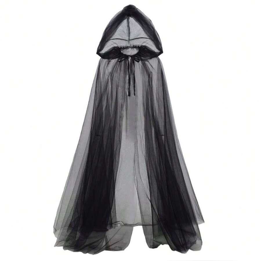 Skeleton-Style Black Hooded Tulle Cloak - Full-Length Transparent Cloak For Adults, Featuring An Oversized Hood, Perfect For Halloween Ghost Role-Playing Costumes, Medieval Ghost Net Robe, Vampire Bride Transparent Cloak, And Halloween Attire - Multicolor - View 1