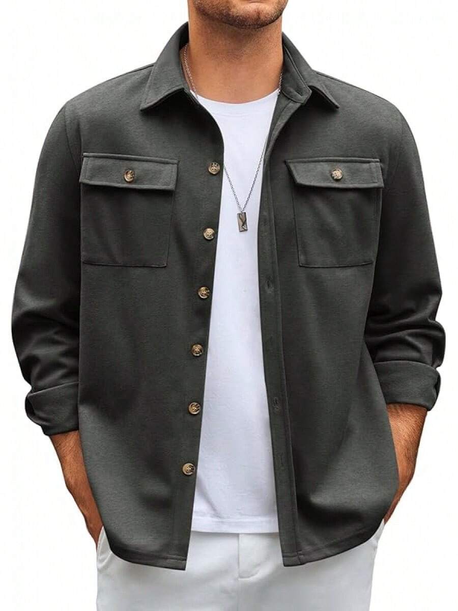 Mens Shirt Jacket Long Sleeve Button Down Casual Shacket Lightweight Thermal Shirts With Pocketshalloween - 深灰色 - 查看 1