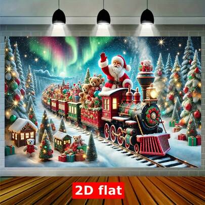 2D Flat, 1pc Holiday Christmas Train Scene Backdrop - Multi-Size Polyester Party Banner With Santa Claus, Snowy Forest And Detailed Train, Ideal For Holiday Celebrations, Home, Garden, Studio And Outdoor Events, Christmas Decor