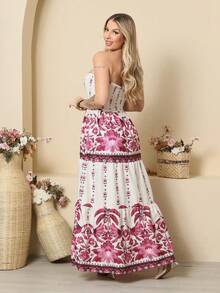 Look Of Millions!!! Long Strapless Dress With Floral Print - Tropical Pink - View 5