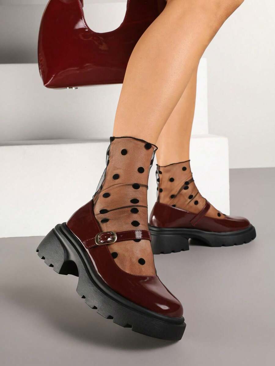 Mary Jane Shoes With Thick Soles And Strap - Red - View 1