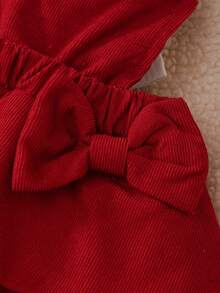 Ținută pentru bebeluși de fetiță, 2 buc., top minimalist și drăguț, cu dungi albe, mânecă scurtă, fundă 3D roșie și fustă cu fundă roșie în straturi, ținută de zi cu zi pentru primăvară/toamnă - roșu - Vizualizare 9