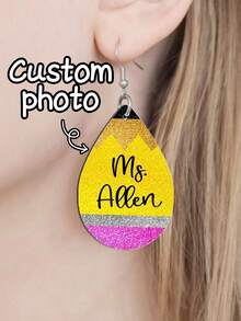 1pc Custom Personalized Teacher Earrings. Rainbow Pencil. Back To School, Teacher Appreciation, Teacher Gift - Multicolor - View 3