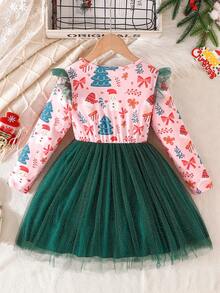 Girls' Autumn/Winter New Long Sleeve Christmas Tree, Snowman, Butterfly Random Print Mesh Dress, Gold Foil Ruffle Hem Flutter Sleeve Mesh Dress, Christmas Holiday Party Girls' Christmas Dress - Pink - View 3