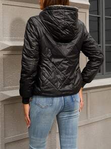 Jaqueta Acolchoada com Capuz Leve e Quente para Mulheres, Tecido Tecido de Cor Sólida, Canelado, Adequado para Outono, Inverno, Primavera - Preto - Visão 2