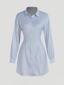 2025新款欧美经典蓝白条纹休闲翻领单排扣长袖迷你衬衫裙，收腰设计，凸显气质，时尚女性