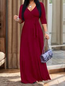 女士多色拼接连衣裙，深V领和收腰设计，优雅大方，适合外出就餐、购物等各种场合。 - 酒紅色 - 查看 2