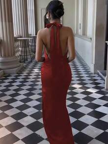 Basrey New Elegant Red Solid Color Tie Neck High Waist Backless Cocktail Dress, Mermaid Dress, Long Dress, Suitable For Wedding, Party, Date And Other Occasions, Valentine's Day Spring - Red - View 3
