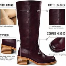 Women's Knee High Chunky Block Heel Square Toe Low Heel Boots, Style - Burgundy - View 2