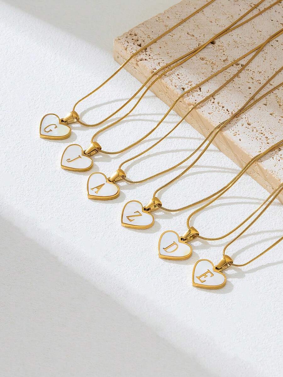 1pc Personalized Initial Necklace Stainless Steel Non Tarnish Women Letter Necklace - Golden Yellow + Heart + Round Snake - View 1