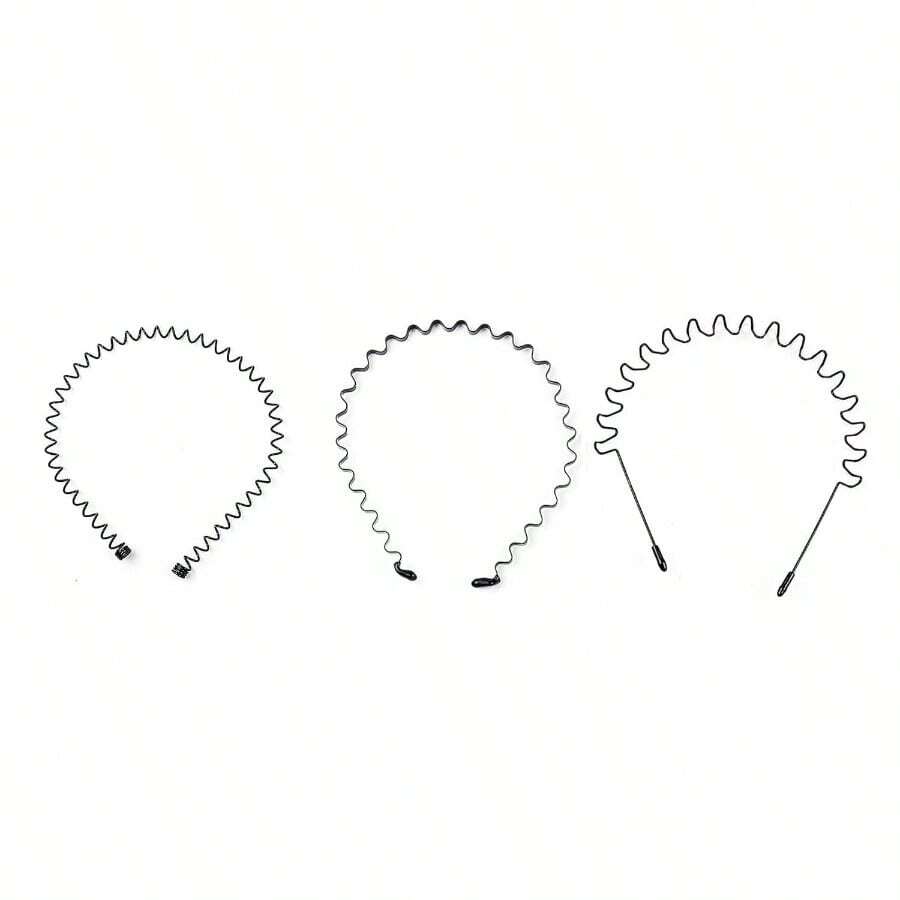 Metal Wave Hair Headbands, Black Spring Design, Unisex Sports Band, Pack Of 3 - 黑色 - 查看 1