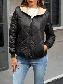 Jaqueta Acolchoada com Capuz Leve e Quente para Mulheres, Tecido Tecido de Cor Sólida, Canelado, Adequado para Outono, Inverno, Primavera - Preto - Visão 4