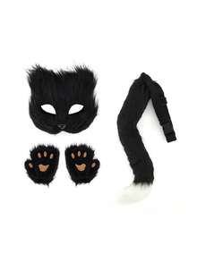 1pc/4pcs Fox Party Realistic Fox Mask Gloves Halloween Costume Set Plush Tail Prop Accessories, All Seasons - Multicolor - View 3