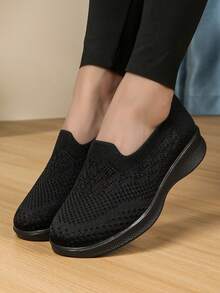 Women's Black Knit Loafers, Soft Sole Lightweight Comfortable Slip-On Flat Shoes, Casual Everyday & Outdoor Walking Shoes, Suitable For Mothers