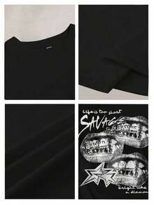 Loose Casual T-Shirt With "Savage" Lips And Stars Print, Retro Style, Soft 50% Cotton, Suitable For Summer - Black - View 3