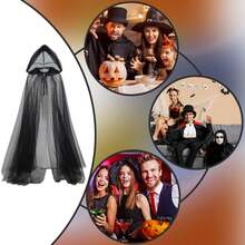Skeleton-Style Black Hooded Tulle Cloak - Full-Length Transparent Cloak For Adults, Featuring An Oversized Hood, Perfect For Halloween Ghost Role-Playing Costumes, Medieval Ghost Net Robe, Vampire Bride Transparent Cloak, And Halloween Attire - Multicolor - View 4