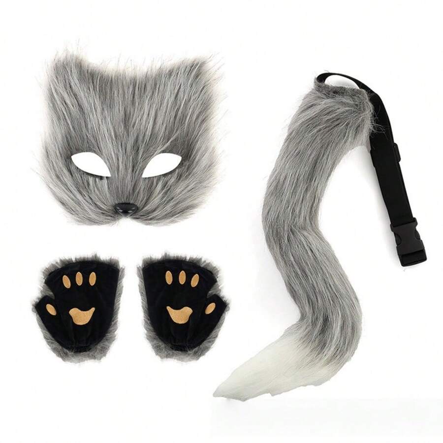 1pc/4pcs Fox Party Realistic Fox Mask Gloves Halloween Costume Set Plush Tail Prop Accessories, All Seasons - Multicolor - View 1