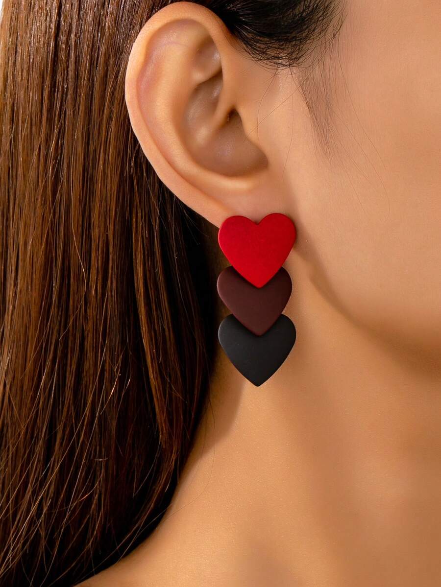 1 Pair Geometric Heart-Shaped Colorful Layered Enamel Earrings - Red - View 1