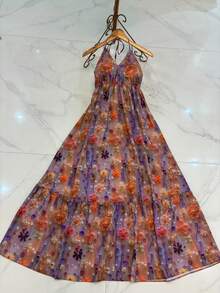 Long Dresses With 3D Multicolored Print, New Model With Tie At The Back And Bare Back - Dusty Pink - View 1