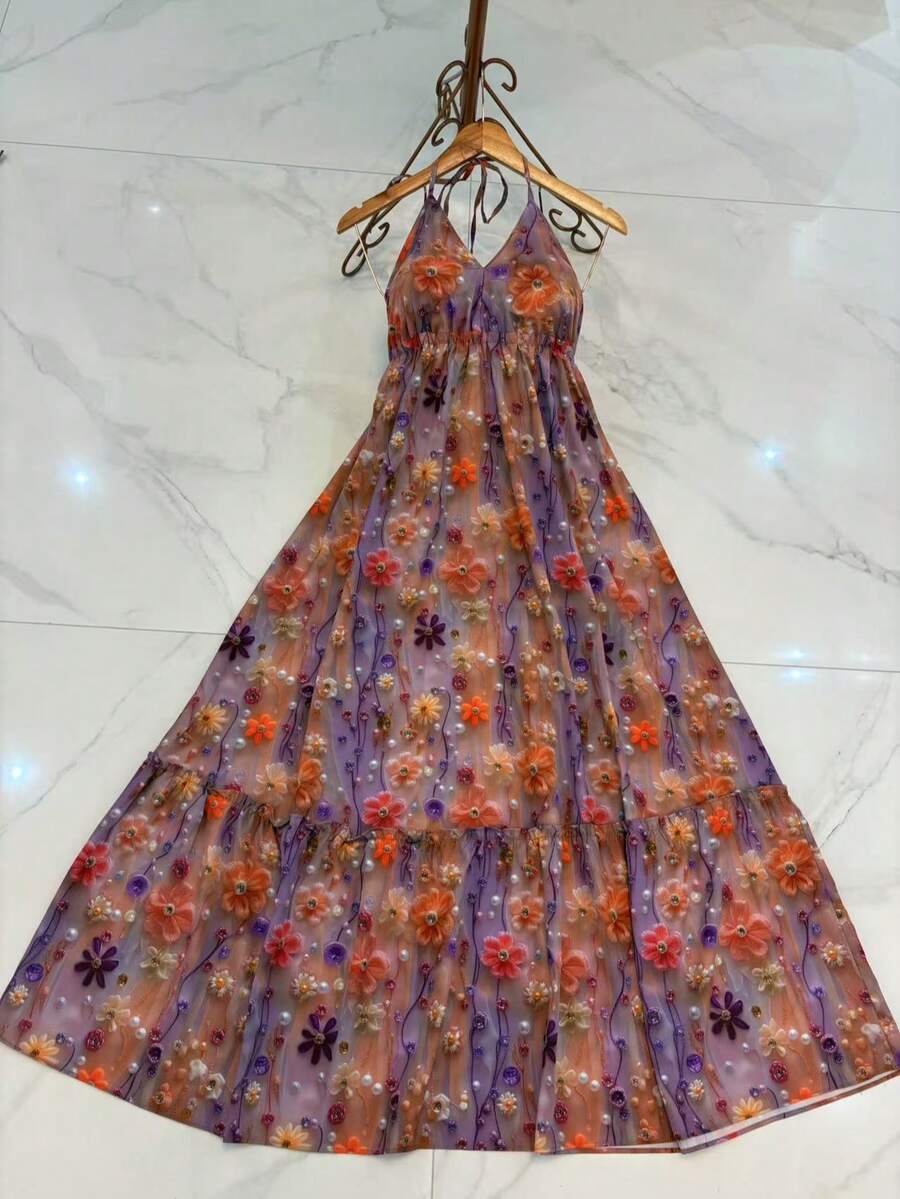 Long Dresses With 3D Multicolored Print, New Model With Tie At The Back And Bare Back - Dusty Pink - View 1
