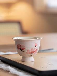 1 pieza/2 piezas Taza de té de cerámica con flores pintadas a mano, Taza de té con brillo del atardecer y mariposa, Taza de té de porcelana rosa femenina, Taza de té con tallo floral romántico, Juego de té Gongfu, Taza de té amada por las hadas, Taza de invitados para el hogar, Adecuada para todas las estaciones