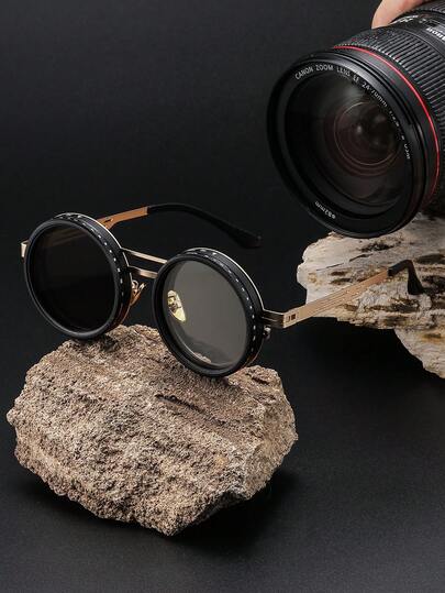 1 副圆形时尚眼镜，蒸汽朋克风格，根据阳光强度手动调节亮度，适合驾驶、旅行、露营、钓鱼等场合