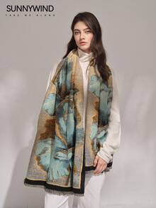 1条水墨画图案涤纶优雅高端时尚保暖围巾，适合秋冬季日常佩戴 - 彩色 - 查看 2