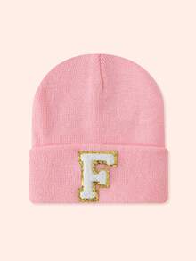 1pc Pink Children's Hat With 26 Letters, Knitted Beanie For Baby Boys And Girls, Warm For Outdoor And Daily Wear - Gold Label-pink Fluorescent Cap - View 8