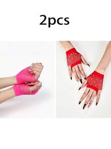 1 Pair Rhinestone Mesh Decor Fuchsia Party Gloves