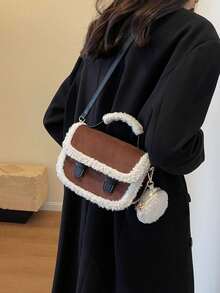 Fashionable Coffee-Color Suede Fuzzy Trim Mini Handbag - Coffee - View 5