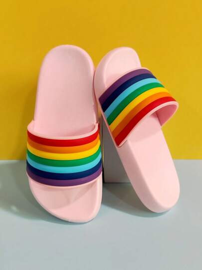 1 Pair Kids' Rainbow PVC Non-Slip Flat Slippers, Suitable For Indoor And Outdoor Wear, Home, Bathroom, All Season