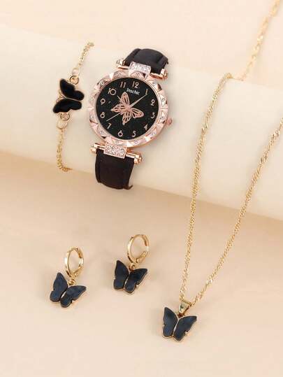 5-Piece Leather Butterfly-Shaped Digital Girls' Watch And Necklace, Earrings, Bracelet Jewelry Set - A Gift For Teenagers